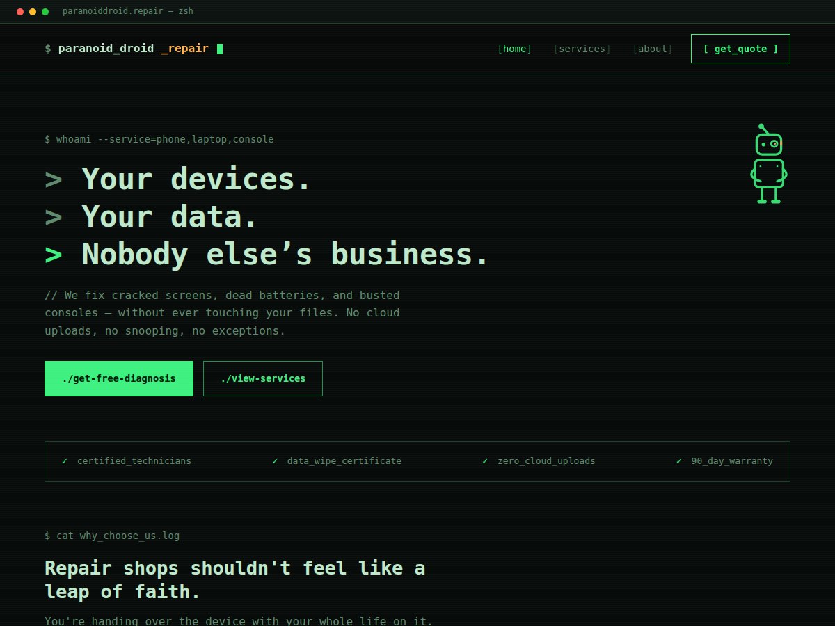 Paranoid Droid Repair website homepage